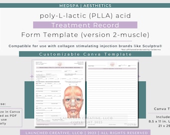 PLLA Sculptra® Collagen Stimulating Injection Treatment Record Form v2 | Aesthetic Nurse MedSpa Injectables Treatment Form | Canva MG