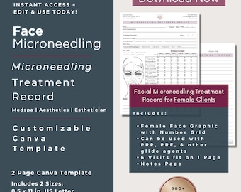 Microneedling Treatment Record Form Template | PRP Microneedle Treatment Log | PRF Microneedle Treatment Record | Microneedling Forms |Canva
