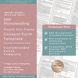 Op de afbeelding: Een digitale sjabloon voor PRP Microneedling toestemmingsformulieren. Het ontwerp bevat de tekst "PRP Microneedling Consent Form Template" en "Download Now". De sjabloon is aanpasbaar in Canva en bevat pre/post-zorginstructies. Beschikbaar in US Letter en A4 (21 x 29,7 cm) formaten.