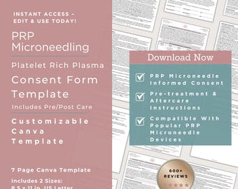 PRP Microneedling Consent Template | Vampire Facial PRP Consent | Platelet Rich Plasma Microneedle Consent Template | PRP Aftercare Canva