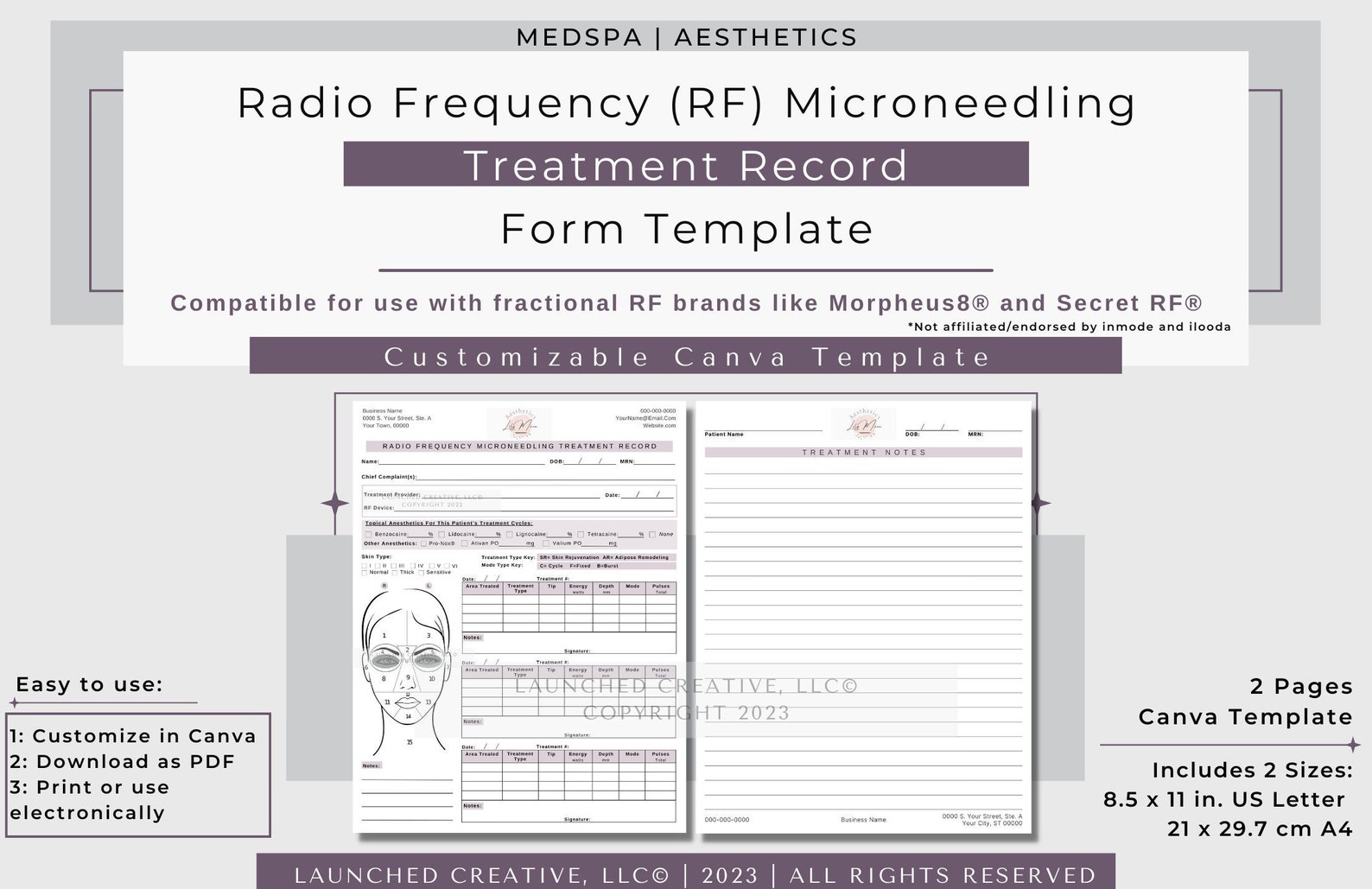Radio Frequency Microneedling Treatment Record Form RF Microneedle ...