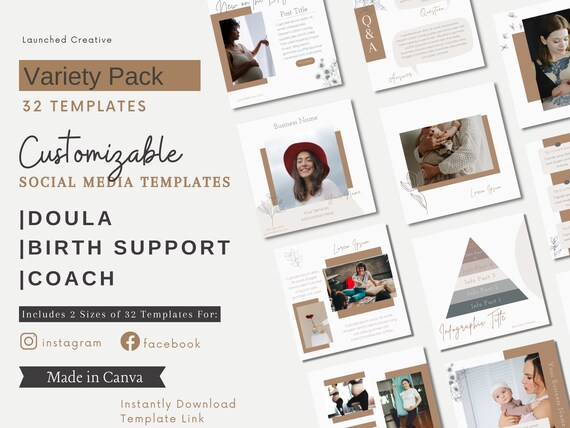 Doula Instagram Facebook Posts Template Pack  | Birth Support | Instagram Templates | Facebook Templates | Canva Template | Birth Worker