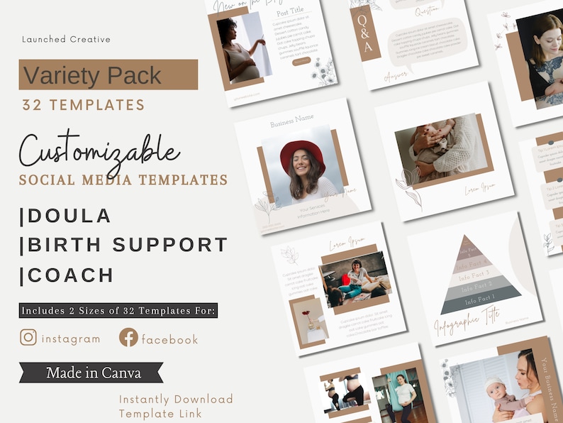 Doula Birth Coach social media marketing post templates for instagram and facebook. Customizable in Canva