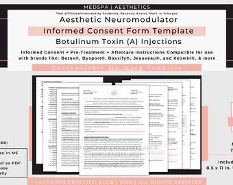 Neurotoxin Injection Consent Form | Tox Informed Consent | Botulinum Toxin Consent | Botox Dysport | Aesthetics MedSpa | MS Word Template