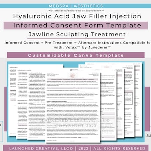 May include: A customizable Canva template for a jawline sculpting treatment informed consent form. The template includes 8 pages and is compatible with Volux by Juvederm. The template is available in two sizes: 8.5 x 11 inches (US Letter) and 21 x 29.7 cm (A4).