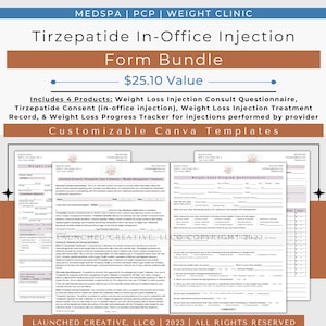 Tirzepatide Weight Loss Injection Form Bundle | Tirzepatide In-Office Consent Intake Treatment Record | Tirzerpatide Injection Bundle |Canva