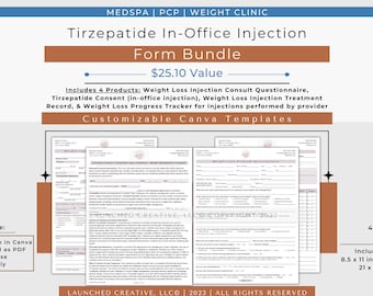 Tirzepatide Weight Loss Injection Form Bundle | Tirzepatide In-Office Consent Intake Treatment Record | Tirzerpatide Injection Bundle |Canva