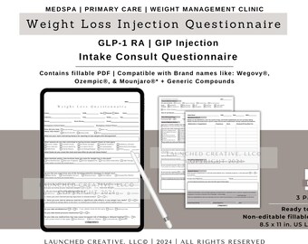 Weight Loss Injection Consult Questionnaire Fillable PDF | GLP1-RA GIP Consult |  Weight Loss Injections | Semaglutide Tirzepatide | pdf
