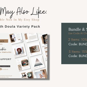 May include: A digital product listing for a set of 32 customisable social media templates for birth doulas, birth support coaches, and doulas. The templates are designed for Instagram and Facebook. The listing includes a bundle discount for purchasing multiple items. The text on the image reads "Variety Pack 32 Templates Customisable Social Media Templates Doula Birth Support Coach Includes 2 Sizes of 32 Templates for Instagram Facebook Made with Canva Instantly Download Template Link Bundle & Save Use Code At Checkout 2 Items: 10% Off Code: BUNDLE2 3 Items: 15% Off Code: BUNDLE3"