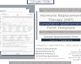 Hormone Replacement Therapy Intake Questionnaire Form Template | Hormone Pellet Consult Form | HRT BioIdentical Testosterone Estrogen |canva