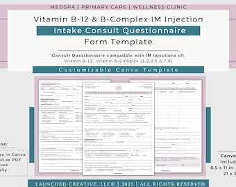 Vitamin B Consult Questionnaire Form Template | Vitamin B12 Consult | Vitamin B Complex Intake Questionnaire | Vitamin B IM Injection |Canva