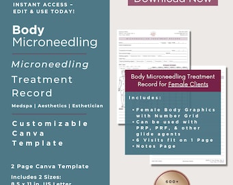 Body Microneedling Treatment Record Form | Female Body + Scalp Microneedling | PRP PRF Microneedling | Microneedle Treatment Log | Canva