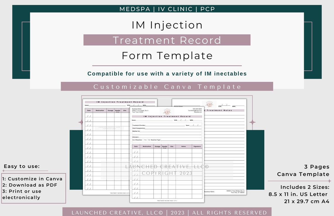 Im Injection Charting IM Injection Treatment Record Form Template | Intramuscular Injection ...