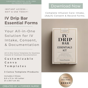 Może przedstawiać: Beżowo-biała grafika z tekstem "IV Drip Bar Essential Forms" i "Download Now". Obraz zawiera pudełko z napisem "IV Drip Bar Essentials Kit" oraz szczegóły dotyczące szablonów Canva do pobierania, zgody i dokumentacji IV.