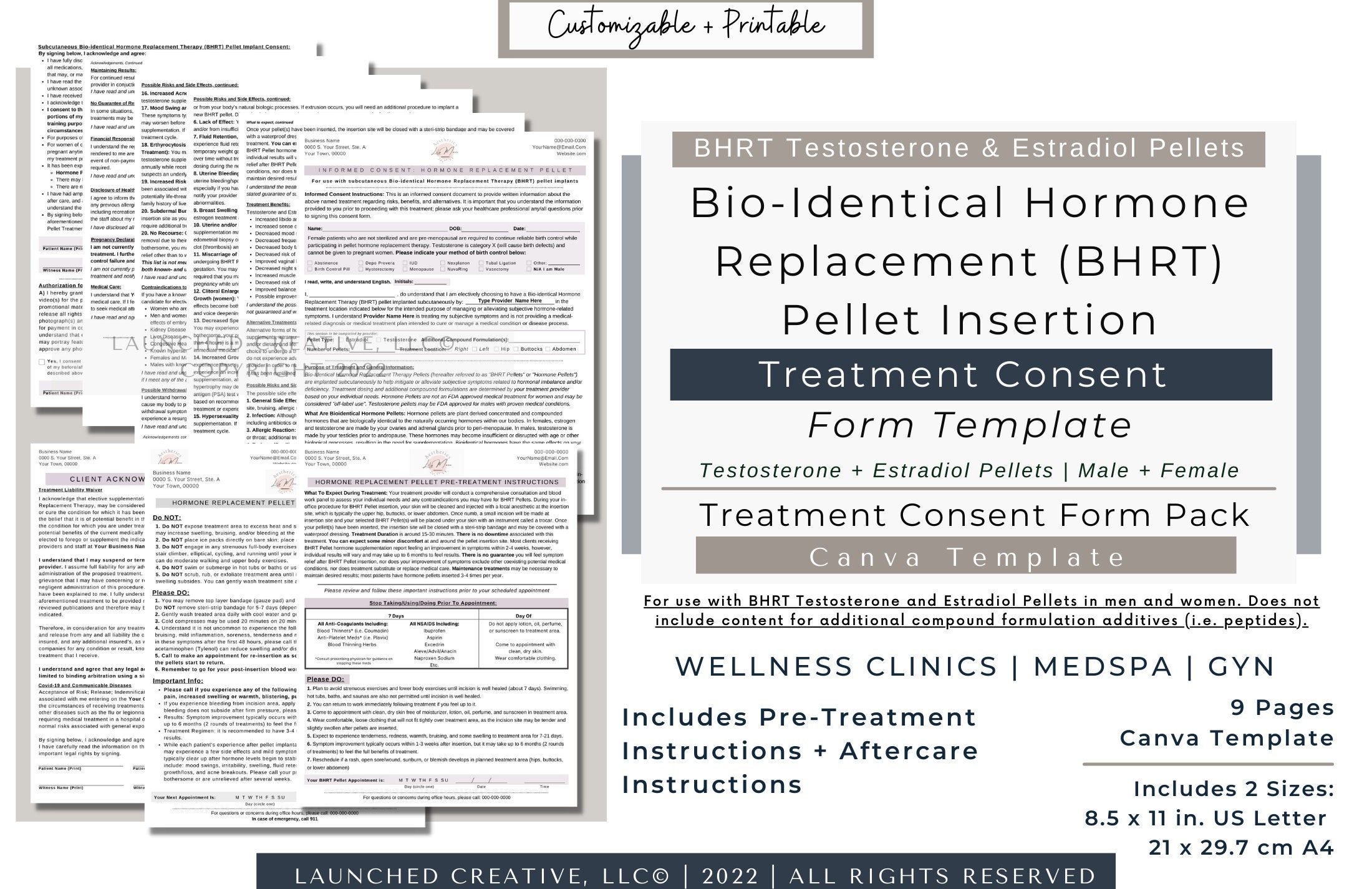 BHRT Testosterone Pellet Estrogen Pellet Consent Form Template | Hormone Replacement Therapy Pellet Consent | HRT Pellet Aftercare | canva