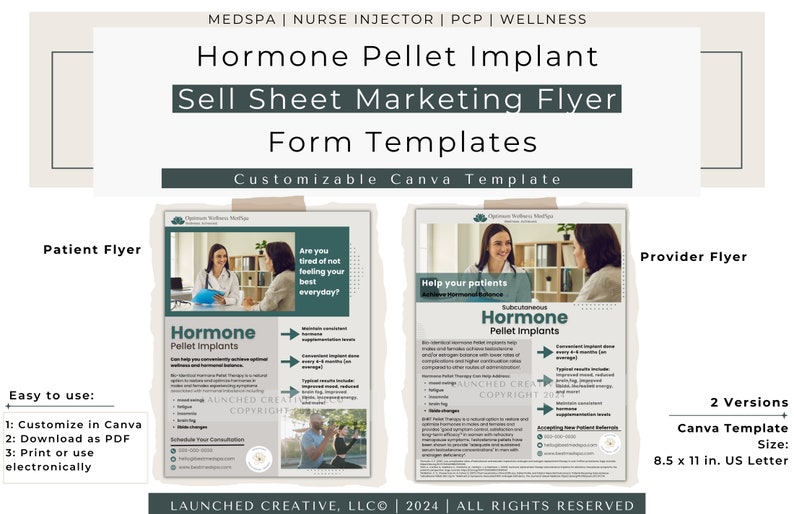 Hormone Pellet BHRT implant therapy flyer. Canva template. US Letter size