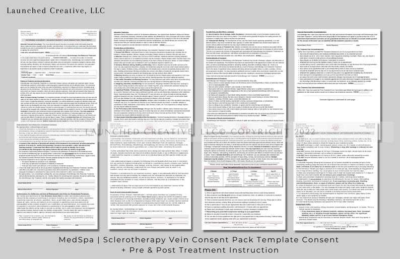 May include: A four-page document titled "MedSpa | Sclerotherapy Vein Consent Pack Template Consent + Pre & Post Treatment Instruction" with text about sclerotherapy vein treatment, consent, and pre and post treatment instructions.