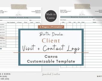 Birth Doula Client Visit Phone Logs | Virtual Doula |  Birth Doula Visit Log | Doula Contact Log | Postpartum Doula | Canva Template