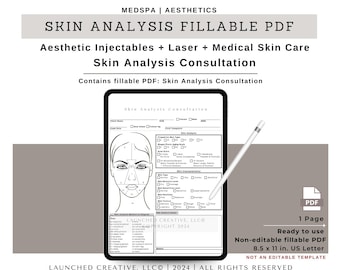 Skin Analysis Consultation Fillable PDF | Aesthetic Injectables Laser Peel Skin Consultation | Chemical Peel Filler Tox Laser Skin Analysis