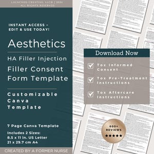 Dermal Filler Consent Form | Hyaluronic Acid Filler Informed Consent Template | Lip Filler Consent | Aesthetic Nurse Injector MedSpa | Canva