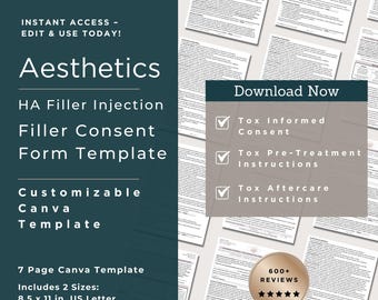 Dermal Filler Consent Form | Hyaluronic Acid Filler Informed Consent Template | Lip Filler Consent | Aesthetic Nurse Injector MedSpa | Canva