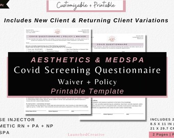 Covid Symptom Screening Questionnaire | Coronavirus Liability Waiver Policy Template | Nurse Injector Covid Screening Template | MedSpa