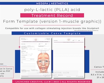 PLLA Sculptra® Collagen Stimulating Injection Treatment Record Form v1 | Aesthetic Nurse MedSpa Injectables Treatment Form | Canva MG