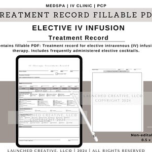 Puede incluir: Un documento PDF rellenable para un registro de tratamiento de infusión IV electiva. El documento mide 8,5 pulgadas por 11 pulgadas e incluye un título, "Registro de tratamiento", y el texto "Contiene PDF rellenable: Registro de tratamiento para infusión intravenosa (IV) electiva. Incluye cócteles electivos administrados con frecuencia."