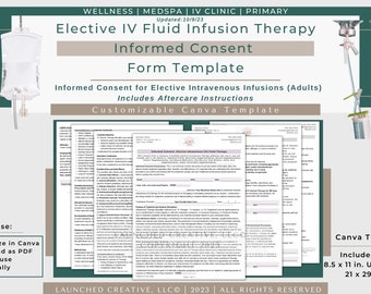 IV Infusion Therapy Consent Form Template | IV Fluid Therapy Consent Form | IV Hydration | iv fluids consent | intravenous therapy | canva