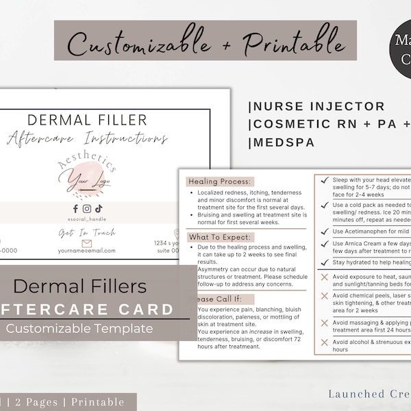 Filler Aftercare Card | Printable Filler Aftercare Instructions Template | Customizable Dermal Filler Aftercare | Aesthetic Nurse Injector