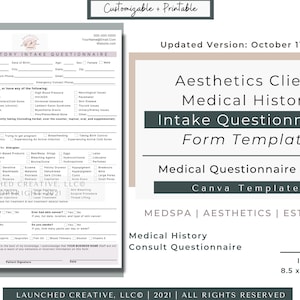 May include: A printable medical history intake questionnaire form template for aesthetics clients. The template is designed for use with Canva and includes two sizes: 8.5 x 11 inches and 21 x 29.7 centimetres. The template is customisable and includes a section for the client's medical history, allergies, and medications.