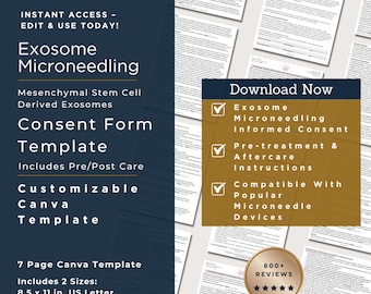 Exosome Microneedling Consent Template | Exosome Facial Rejuvenation Consent Form | Exosome Microneedle Consent Aftercare Template | Canva