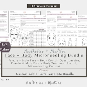 Microneedling Body Face Form Bundle | Microneedle Consult | Microneedle Treatment Record | Consent Aftercare | Esthetician MedSpa | Canva