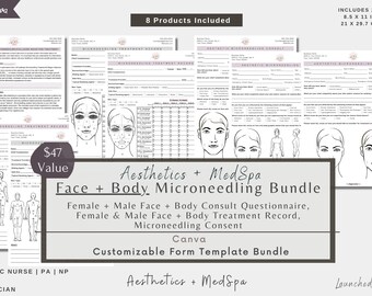 Microneedling Body Face Form Bundle | Microneedle Consult | Microneedle Treatment Record | Consent Aftercare | Esthetician MedSpa | Canva