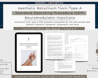Neurotoxin injection standard operating procedure template | Neuromodulator SOP | Botox® SOP | MedSpa SOP template | tox injection sop |Word