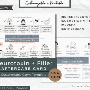Puede incluir: Una tarjeta de cuidado posterior imprimible para tratamientos de neurotoxina y relleno. La tarjeta mide 17,78 cm x 12,7 cm e incluye instrucciones para el cuidado antes y después del tratamiento. La tarjeta también incluye información sobre los resultados del tratamiento y cuánto tiempo duran. La tarjeta es personalizable y puede ser utilizada por un enfermero inyector, una enfermera cosmética, un asistente médico, una enfermera practicante, un spa médico o una esteticista.