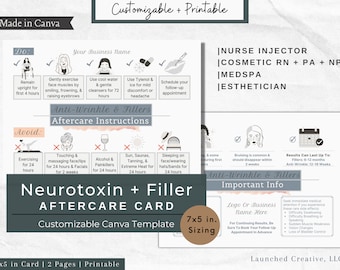 Filler & Botox Aftercare Template| Editable Printable Instruction Card Template |Cosmetic Nurse Injector Botox Aftercare Instruction Card
