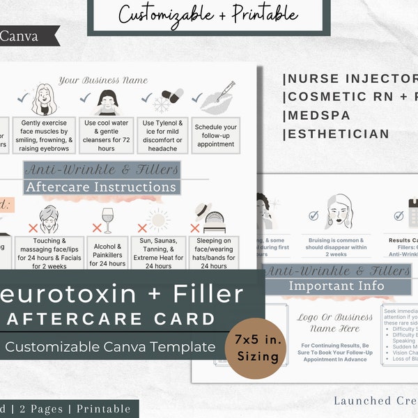 Filler & Botox Aftercare Template| Editable Printable Instruction Card Template |Cosmetic Nurse Injector Botox Aftercare Instruction Card