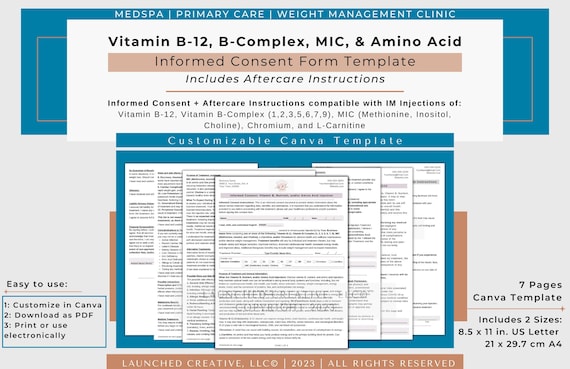 Vitamin B Complex B12 MIC Injection Consent Form Template | B12 Shot  Consent | B Complex Nutrient Amino Consent | Lipotropic MIC Form |canva