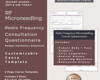Radio Frequency Microneedling Consult Questionnaire | RF Microneedle Body Face Skin Tightening Intake Questionnaire Form |Customizable Canva