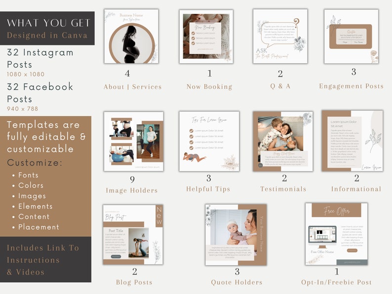 Doula Birth Coach social media marketing post templates for instagram and facebook. Customizable in Canva