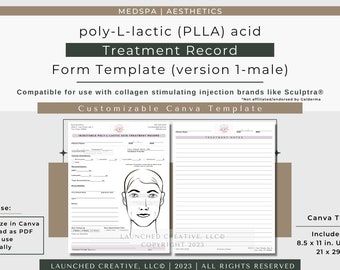 PLLA Sculptra® Collagen Stimulating Injection MALE Treatment Record Form v1 | Aesthetic MedSpa Injectables Treatment Form | Canva Template