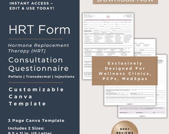Hormone Replacement Therapy Intake Questionnaire Form Template | Hormone Pellet Consult Form | HRT BioIdentical Testosterone Estrogen |canva