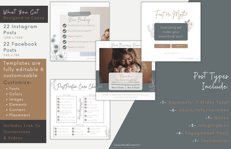 postpartum doula birth coach night nurse social media marketing post templates for instagram and facebook

Customizable in Canva