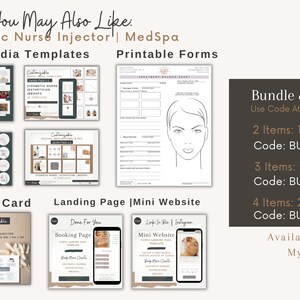 May include: A collage of images showcasing social media templates, printable forms, and aftercare cards for cosmetic nurse injectors and med spas. The images feature a variety of designs, including quote pages, Instagram story templates, landing pages, and mini websites. The text "Bundle & Save" is displayed with discount codes for purchasing multiple items. The text "Available Now In My Etsy Shop" is also included.