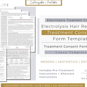 Electrolysis Hair Removal Consent Form |  Electrolysis Consent Aftercare Esthetician MedSpa Aesthetic Nurse | Laser Hair Consent Form |Canva