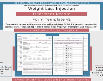 Weight Loss Injection Treatment Record Form Template v2 | Semaglutide Tirzepatide Charting |GLP-1 RA Weight Loss Injection Chart Form |Canva