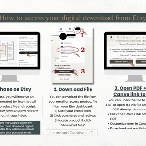 K&ouml;nnte beinhalten: Eine Schritt-f&uuml;r-Schritt-Anleitung zum Zugriff auf digitale Downloads von Etsy. Der Leitfaden umfasst drei Schritte: Kauf auf Etsy, Herunterladen der Datei und &Ouml;ffnen des PDF-Dokuments und Klicken auf den Canva-Link, um zu beginnen. Das Bild zeigt Screenshots der Etsy-Website und von Canva.