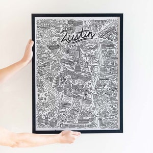 May include: Black and white line art print of a map of Austin, Texas. The map includes landmarks and points of interest, with the text "Austin, Texas" and "Lone Star State 1836" at the bottom.