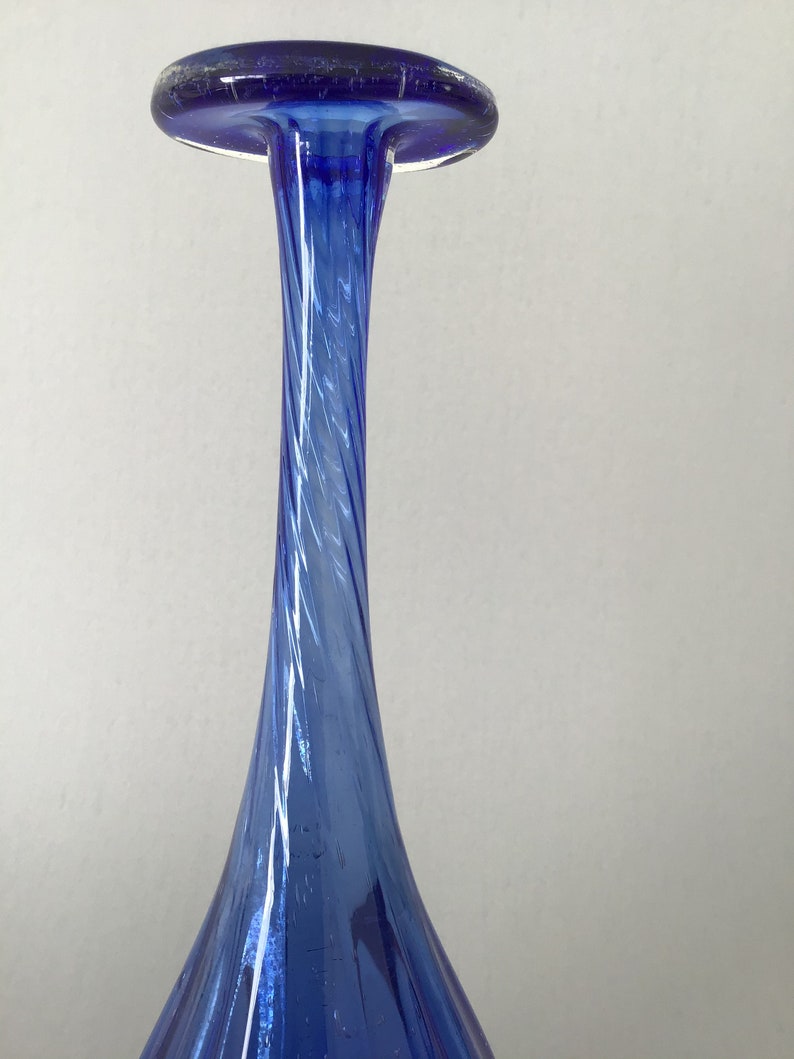 Studio Art Glass Hand Blown Blue Glass Vase Stretch Swirl Neck Etsy